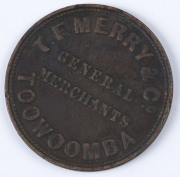 Coins - Australia: Tokens: Small group comprising 1851 Crombie, Clapperton & Findlay ½d (drapers, Melbourne), 1855 J. McGregor Sultan's Steam Coffee Works ½d (pierced), 1857 I. Friedman (pawnbroker, Hobart) ½d, 1850s T.E Merry & Co (merchants, Toowoomba) - 3