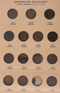 Coins - Australia: 1911-64 half-pennies & pennies largely complete in two Dansco albums (half-pennies ex 1923 & 1945-Y, pennies ex 1930, 1941 & 1959) incl. 1915 'H' & 1918 'I' & 1939 (kangaroo reverse) half-pennies & 1925 penny; also array of duplicates on stock pages; some cleaned, fair to fine condition overall. (190)