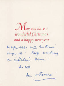 DON BRADMAN, 1990 Christmas Card to Norm Bevan, signed "Don & Jessie" (in the Don's hand); together with envelope in which it was posted.
