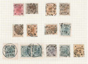 AUSTRIA - Postal History: Vienna number-code cancels on 1901-07 issues, with good range of codes between '1' and '127', some duplication, many fine large-part strikes, some complete on piece, others on pairs. Good lot. (160+)