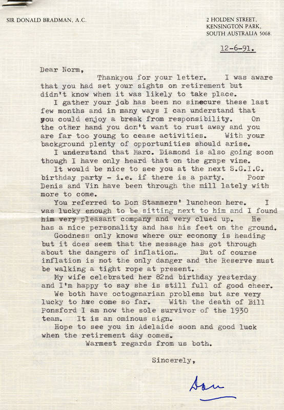 DON BRADMAN, letter dated 12th June 1991 to Norm Bevan on "Sir Donald Bradman A.C." letterhead, signed "Don", noting "With the death of Bill Ponsford I am now the sole survivor of the 1930 team"; together with envelope. Also invitation letter to Don Bradm