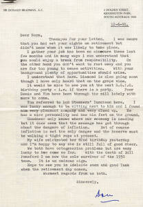 DON BRADMAN, letter dated 12th June 1991 to Norm Bevan on "Sir Donald Bradman A.C." letterhead, signed "Don", noting "With the death of Bill Ponsford I am now the sole survivor of the 1930 team"; together with envelope. Also invitation letter to Don Bradm