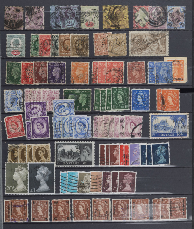 GREAT BRITAIN: 1880s-2000s accumulation with private perfins & security overprints, heaps of decimal Machins incl. se-tenant booklet multiples, elliptical perfs, security slits, etc plus postmark interest including more unusual machine/slogan cancels. Spe