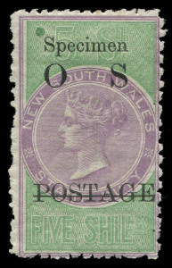 NEW SOUTH WALES: OFFICIALS: 1887-90 5/- lilac & green perf. 12x10, Type O2 'OS' overprint, Type 11 'Specimen' overprint, "green colour spot" at upper left, large-part o.g. Only 100 examples prepared in January 1894. McCredie's similarly centred example sold for $320+ in June 2011.