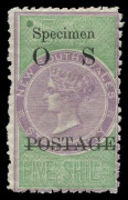 NEW SOUTH WALES: OFFICIALS: 1887-90 5/- lilac & green perf. 12x10, Type O2 'OS' overprint, Type 11 'Specimen' overprint, "green colour spot" at upper left, large-part o.g. Only 100 examples prepared in January 1894. McCredie's similarly centred example so