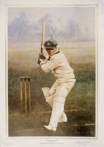 DON BRADMAN, print "Sir Donald and his Trusty Blade" by d'Arcy Doyle, signed by the artist, and numbered 453/1000, size 45x65cm. Published by Queensland Cricketers' Club to commemorate Centenary of Sheffield Cricket 1992.