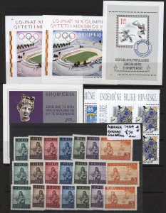 ALBANIA:1920s-2000s disorganised collection on hagners, plenty of useful material incl. 1928 Overprints 1fr to 5r (Mi:195-98) mint, 1930 1q to 5fr sets MUH (3), 1937 Independence M/S MUH, 1944 German Occupation War Refugees Fund MUH sets (3); later materi