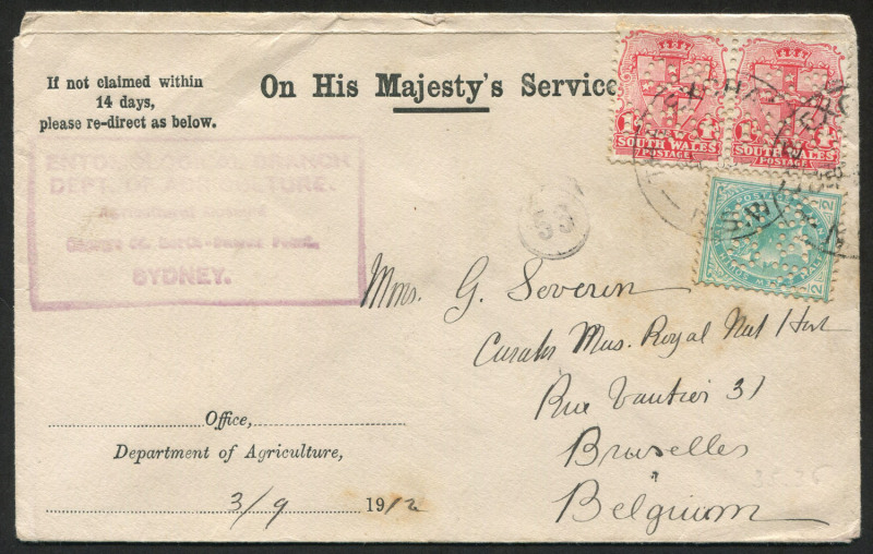 NEW SOUTH WALES - Postal History: 1912 (Sept.3) Department of Agriculture OHMS cover to Belgium with perf 'OS/NSW' 1d Shield pair & ½d QV tied by THE EXCHANGE (Sydney) datestamp, boxed 'ENTOMOLOGICAL BRANCH' handstamp on face, on reverse BRUSSELS arrival