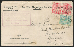 NEW SOUTH WALES - Postal History: 1912 (Sept.3) Department of Agriculture OHMS cover to Belgium with perf 'OS/NSW' 1d Shield pair & ½d QV tied by THE EXCHANGE (Sydney) datestamp, boxed 'ENTOMOLOGICAL BRANCH' handstamp on face, on reverse BRUSSELS arrival 