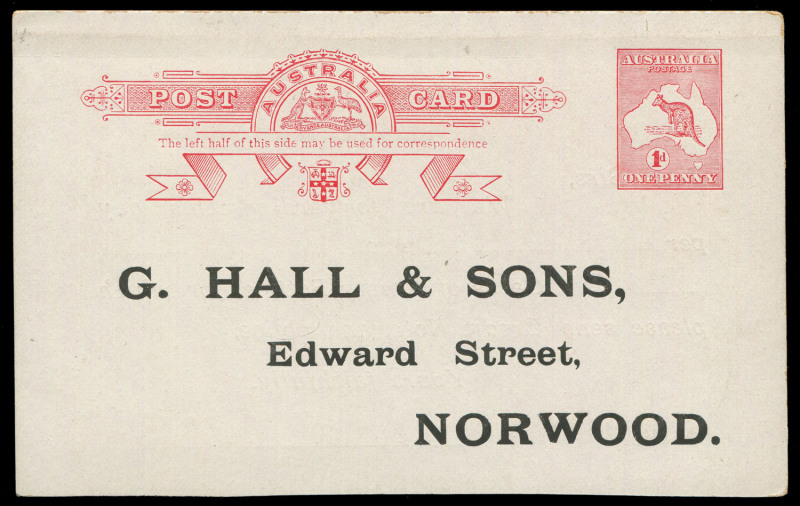 AUSTRALIA: Postal Stationery: Postal Cards: 1913-15 1d Kangaroo Original Die on White Surfaced Card BW: P24 (3) two with printed advices for G.Hall & Sons (Norwood, SA), the other blank on reverse, all unused, two with minor blemishes, Cat $375.