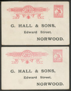 AUSTRALIA: Postal Stationery: Postal Cards: 1913-15 1d Kangaroo Original Die on White Surfaced Card BW: P24 (3) two with printed advices for G.Hall & Sons (Norwood, SA), the other blank on reverse, all unused, two with minor blemishes, Cat $375. - 2