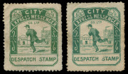 VICTORIA: Locals: c.1894 Boyd's City Express Messenger Service 'DESPATCH STAMP' in yellowish-green & in blue-green, the later with "Broken 'S' of 'STAMP'", both unused with some small blemishes as is usual for these.