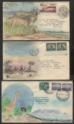 SOUTH AFRICA - Postal History: 1949-51 group of five hand-illustrated covers from Cape Town to USA, one taxed, attractively & colourfully illustrated showing native wildlife/savanna scenes, typed addresses. - 2