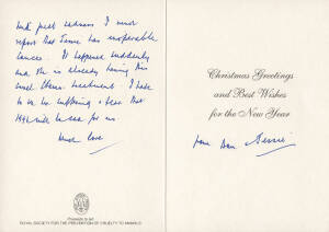 DON BRADMAN, 1995 Christmas Card to Norm Bevan, signed "Don & Jessie" (in the Don's hand); together with envelope in which it was posted. Printed letter (unsigned) from Sept.1997 thanking people for expressions of sympathy following the death of Jessie; t