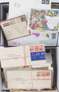 AUSTRALIA: Postal History: 1930s-1990s covers in two shoeboxes with pre-decimal FDCs, decimal commercially used PSEs (some uprated), lots of decimal commemorative/pictormark covers; also 1954 3d concession rate cover, QEII 4c Lettercards optd 'SPECIMEN ONLY' (7), plus Priority Paid & taxed covers and few foreign interlopers. Worth investigating. (100s)