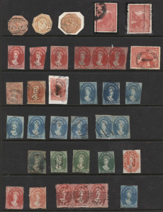 TASMANIA: 1853-1912 Collection on hagners with 4d Couriers (3) all cut-to-shape, imperf Chalons to 1/- and perforated Chalons to 1/- (4) mostly with fiscal cancels; also George & Dragon revenues to 10/- (optd 'REVENUE') incl. imperf 3d, Tablets to 2/6d, Pictorials to 6d incl. 1d with "Double perfs", postmark interest likely noting 1911 SOUTH PRESTON on 1d Pictorial , ROSEVEARS and 'TEA TREE' on 1d Pictorial pairs; 'OS' & 'T' perfins well represented plus a few 'A' perfins; mixed conditi