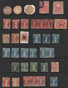 TASMANIA: 1853-1912 Collection on hagners with 4d Couriers (3) all cut-to-shape, imperf Chalons to 1/- and perforated Chalons to 1/- (4) mostly with fiscal cancels; also George & Dragon revenues to 10/- (optd 'REVENUE') incl. imperf 3d, Tablets to 2/6d, P