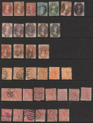 TASMANIA: 1853-1912 Collection on hagners with 4d Couriers (3) all cut-to-shape, imperf Chalons to 1/- and perforated Chalons to 1/- (4) mostly with fiscal cancels; also George & Dragon revenues to 10/- (optd 'REVENUE') incl. imperf 3d, Tablets to 2/6d, P - 2