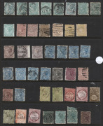TASMANIA: 1853-1912 Collection on hagners with 4d Couriers (3) all cut-to-shape, imperf Chalons to 1/- and perforated Chalons to 1/- (4) mostly with fiscal cancels; also George & Dragon revenues to 10/- (optd 'REVENUE') incl. imperf 3d, Tablets to 2/6d, P - 3