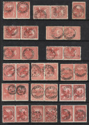 TASMANIA: 1853-1912 Collection on hagners with 4d Couriers (3) all cut-to-shape, imperf Chalons to 1/- and perforated Chalons to 1/- (4) mostly with fiscal cancels; also George & Dragon revenues to 10/- (optd 'REVENUE') incl. imperf 3d, Tablets to 2/6d, P - 4
