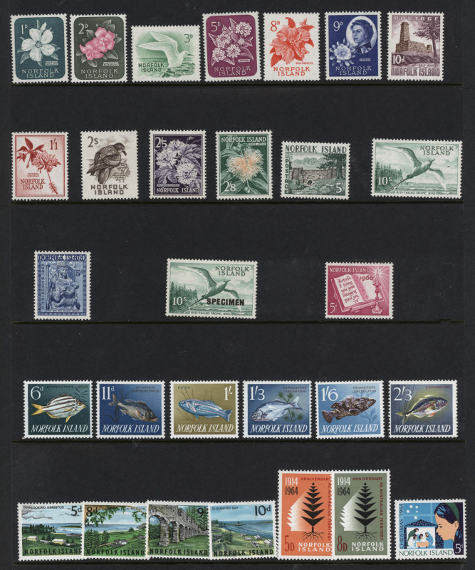 NORFOLK ISLAND: 1947-90 MUH collection with many sets incl.1947 Ball Bay, 1953 Pictorials, 1960 Pictorials to 10/- (2, one optd 'SPECIMEN'), 1970 Birds, 1974 UPU M/S, 1987 Scenes, with plenty of later commemorative and definitive sets to $5 and some M/Ss,