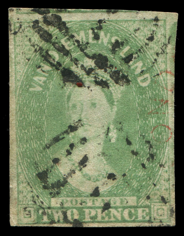 TASMANIA: 1856-57 (SG.20) No Watermark 2d dull emerald-green, unusually large example with good to very large margins and fragment of adjoining stamp at top, lightly struck barred numeral cancels and trace of transit cancel in red at right. Rare stamp, Ca