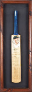 DON BRADMAN, attractive display with signature on full size Cricket Bat, with hand-painted portrait by Harv at top, and Bradman's record etched on face of blade, mounted in attractive display case, overall 38x108cm. Fine condition.