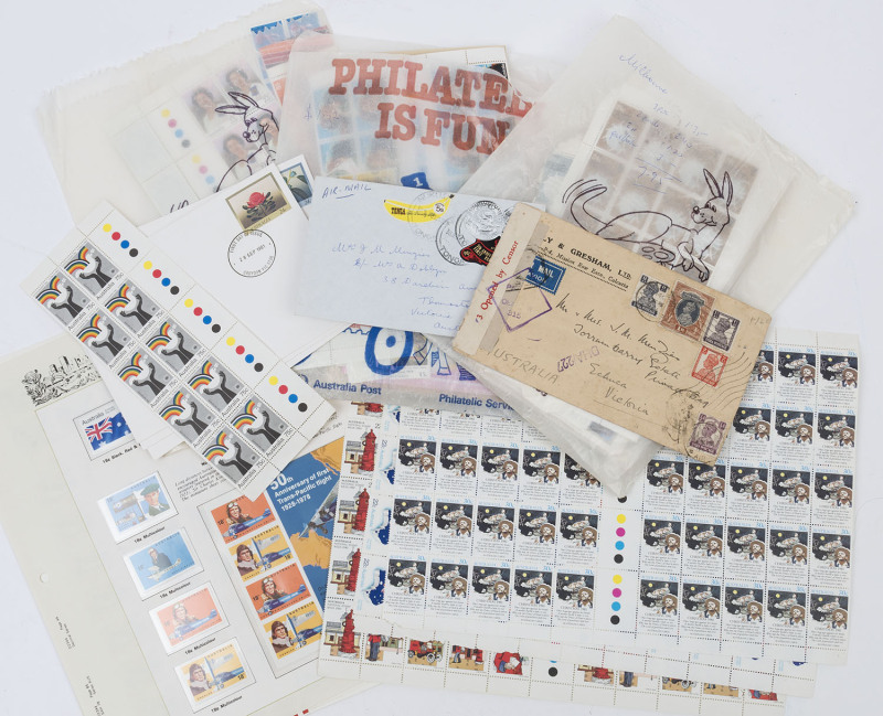 AUSTRALIA: Decimal Issues: 1980s damp affected era Australia Post stamp bulletins in envelopes, each usually containing a stamp pack, FDC and a PSE, others containing stamps only incl. some complete sets in gutter blocks of 20, plus other small multiples