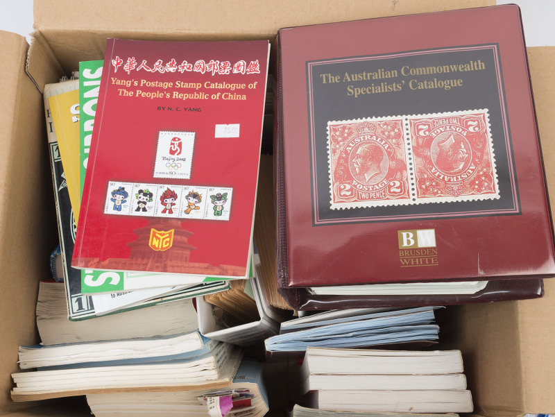 AUSTRALIA: Philatelic Literature & Accessories: Carton of literature incl. ACSC (1990 edn), Australian Air Mail Catalogue (1997) signed by Bergen & Eustis, Australian Pictormarks (2001) in two volumes; also Yang's China (2006), also SG Gibbons British sec