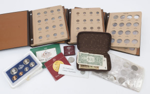 Coins - Australia: 1966-80s small decimal accumulation 1c to 50c collection in three sparsely-filled Dansco albums incl. 1966 50c Rounds (2), 1981 RAM proof coin set, 1982 Brisbane Games silver $10, 1984 $1 Unc, 1985 coin set Unc, couple of banknotes, mixed condition. (small qty)