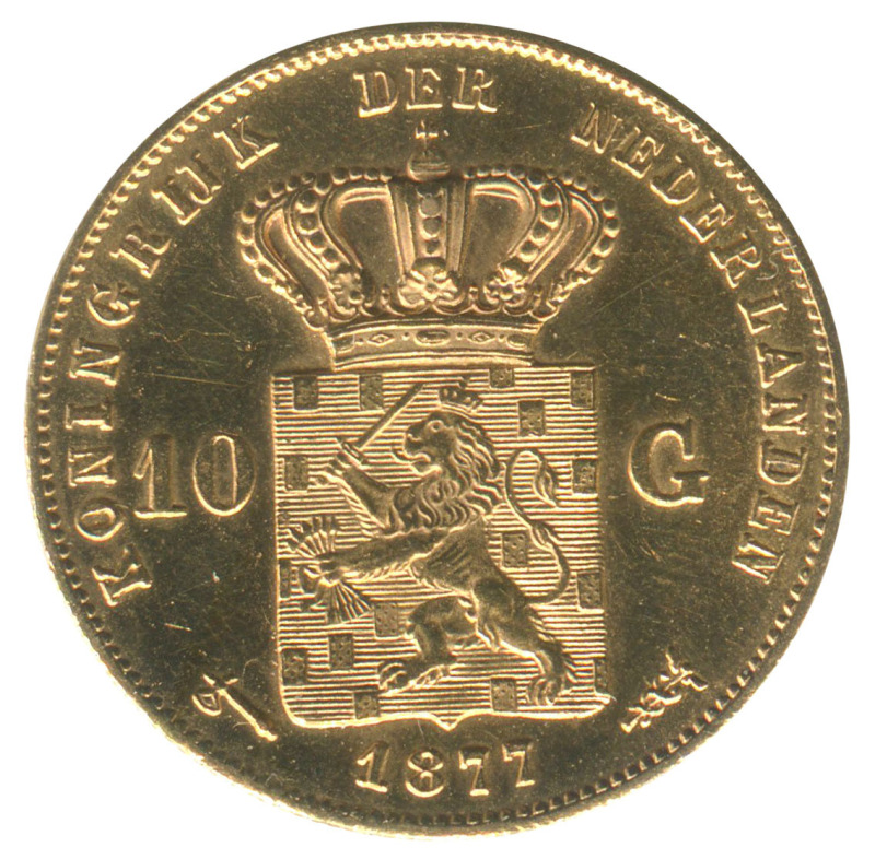 Coins - World: Netherlands: NETHERLANDS: 1877 King Willem 10 gulden, 6.729 grams of 900/1000 fine gold, VF.