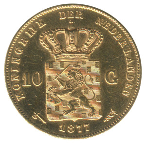 Coins - World: Netherlands: NETHERLANDS: 1877 King Willem 10 gulden, 6.729 grams of 900/1000 fine gold, VF.