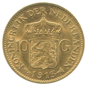 Coins - World: Netherlands: NETHERLANDS: 1912 Queen Wilhelmina 10 gulden, 6.729 grams of 900/1000 fine gold, EF.