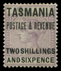 TASMANIA: ESSAYS: 1886 Proposed High Values De La Rue essay of keyplate design in violet overprinted 'TASMANIA/POSTAGE & REVENUE/TWO SHILLINGS/AND SIXPENCE' in black, small hinge reinforced thin, large part o.g. Unissued.