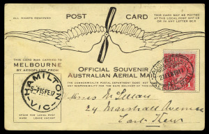 AUSTRALIA: Aerophilately & Flight Covers: 20-27 February 1917 (AAMC.12) Hamilton to Melbourne flown souvenir card, carried by Basil Watson in his home-built bi-plane. With a delightful hand-written message referring to the much anticipated flight. Unusually fine condition. Cat.$600.