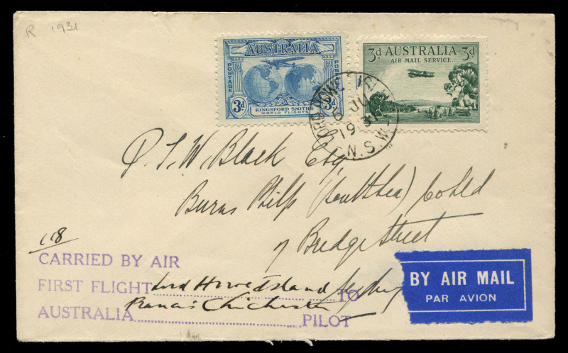 AUSTRALIA: Aerophilately & Flight Covers: 6 June 1931 (AAMC.184a) Lord Howe Island - Sydney cover, numbered #118, flown, endorsed and signed (front & rear) by Francis Chichester. The flight from Lord Howe was delayed following a typhoon which had overturn