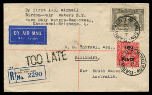 AUSTRALIA: Aerophilately & Flight Covers: 3 Dec.1931 (AAMC.228) (Darwin) - Birdum - Daly Waters, registered cover flown by QANTAS to connect these centres during the rainy season when the overland route was under water. [Only 20 flown]. Cat.$850. Missing 