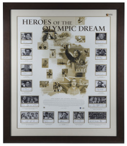 2004 Athens Olympics: AUSTRALIAN OLYMPIC TEAM: "Heroes of the Olympic Dream" with central collage of action images surrounded by photos of all Australia's gold medallists clutching their medals with their signatures beneath: limited edition, numbered 15/250, A-Tag authenticated; overall 113x132cm.