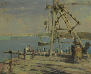 RAYMOND WALLIS (attributed), (1900-1963), fishing off the wharf, oil on board, 50 x 60cm PROVENANCE: Wallis family estate