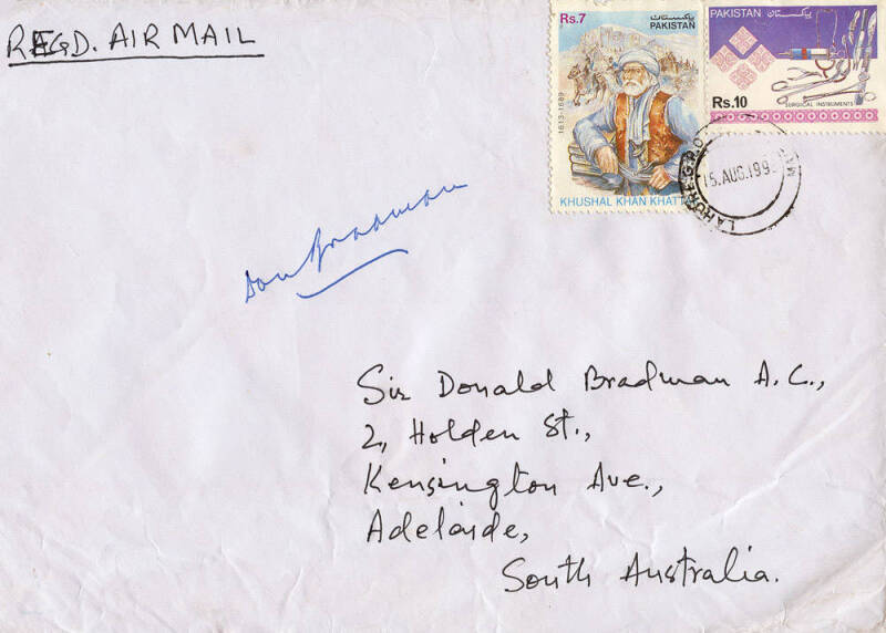 DON BRADMAN: 1997 "Australian Legends - Sir Donald Bradman" FDC signed by Don Bradman; 1996 cover from Pakistan to Don Bradman, signed by Don Bradman on front; plus menu for Bradman's 90th Birthday dinner.