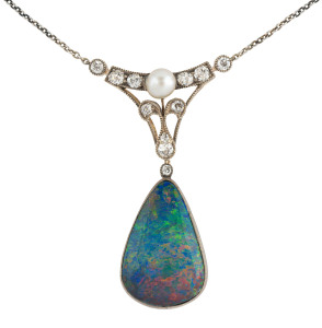 An Edwardian pendant, 9ct yellow gold, opal doublet, diamond and pearl, on silver link necklace, in leather case, pendant 4.5cm high