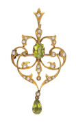 WILLIS & SONS of Melbourne, Australian 15ct gold brooch with peridot and seed pearls, late 19th century, pictorial marks flanking a "15" mark, 4.5cm high