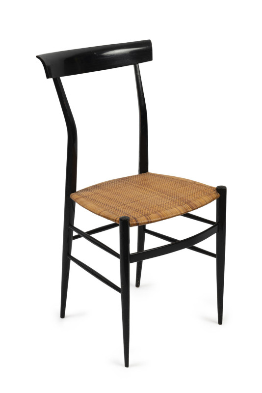 GIO PONTI Italian spade back dining chair, ebonised finish with cane seat, mid 20th century, with makers label "Sedie Sanguineti, Chiavari, Colombo, Sanguineti, Italia"