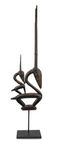 Bambara antelope figural group, carved wood, beaten brass leather and fibre, upper Niger origin, 115cm high