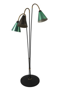 An Australian vintage three branch standard lamp black metal with anodised shades, circa 1950s, ​160cm high