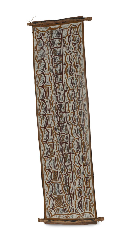 ARTIST UNKNOWN (Aboriginal, Northern Territory), cross hatched design, bark and natural earth pigments, ​97 x 25cm