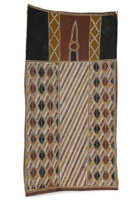 ARTIST UNKNOWN (Aboriginal, Northern Territory), cross hatched ceremonial design, bark and natural earth pigments, ​106 x 54cm