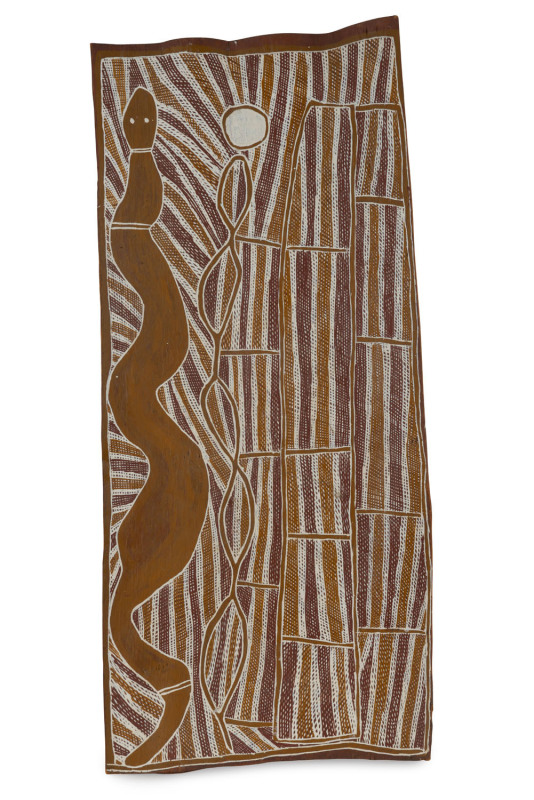 ARTIST UNKNOWN (Aboriginal, Northern Territory), snake and cross hatched design, bark and natural earth pigments, ​91 x 40cm