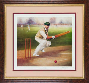 DON BRADMAN, print "Boundary Bound - Sir Donald Bradman" by d'Arcy Doyle, signed by the artist, limited edition 806/1500, window mounted, framed & glazed, overall 89x84cm. With CoA.