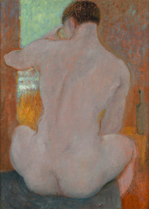 ROBERT PULLEINE (1911-1992), male nude, oil on board, label verso "Robert Pulleine, born 1911, Adelaide, George Bell School", gallery stock No. MS 682/37, 50 x 35cm